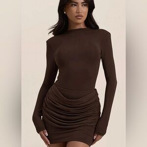 Long Sleeve Ruched Mini Dress in Brown